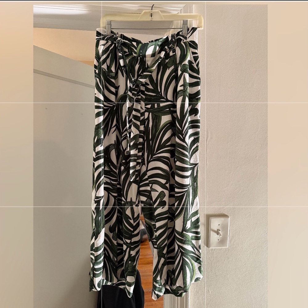 Tropical Leaf Print Wide-Leg Pull-On Pants - Green/White